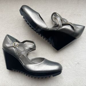 Espace Bronze Leather‎ Platform Wedge Heel Mary Jane Women EU 40.5 US 9 Lug Sole